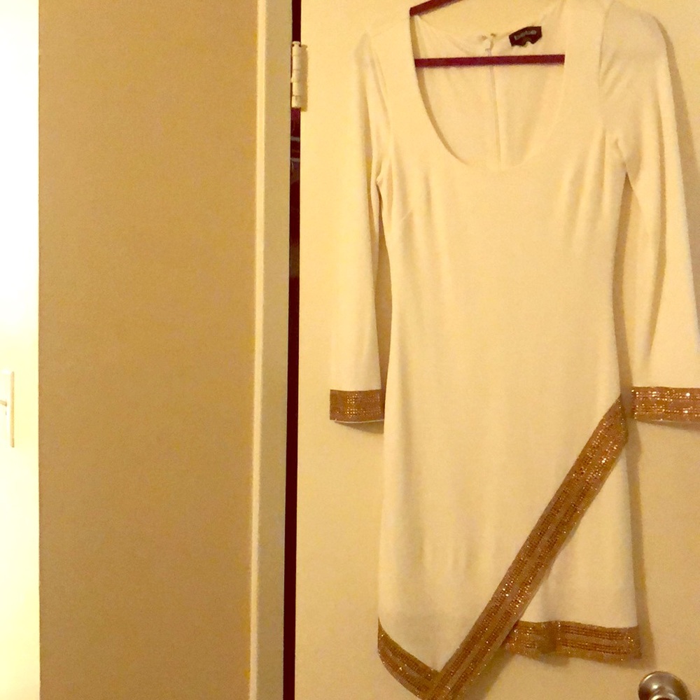 bebe White Midi Dress with Gold Trim